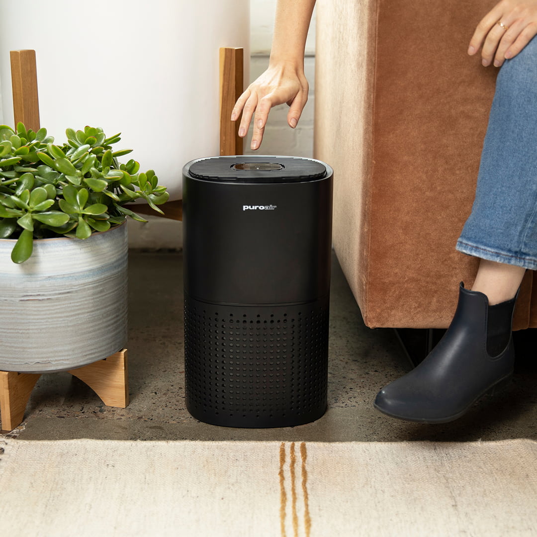 PuroAir air purifier on carpeted floor with plant and person on couch