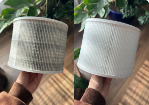 side by side image of puroair 240 air filters new vs after 90 days of use