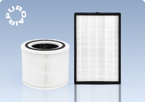 puroair 240 and 400 air filters on light blue background with puroair logo