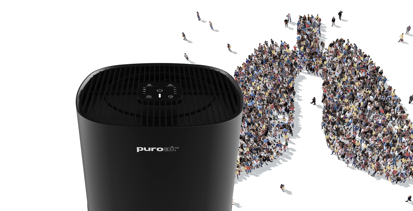 puroair 240 air purifier in foreground with crowd in shape of lungs in background