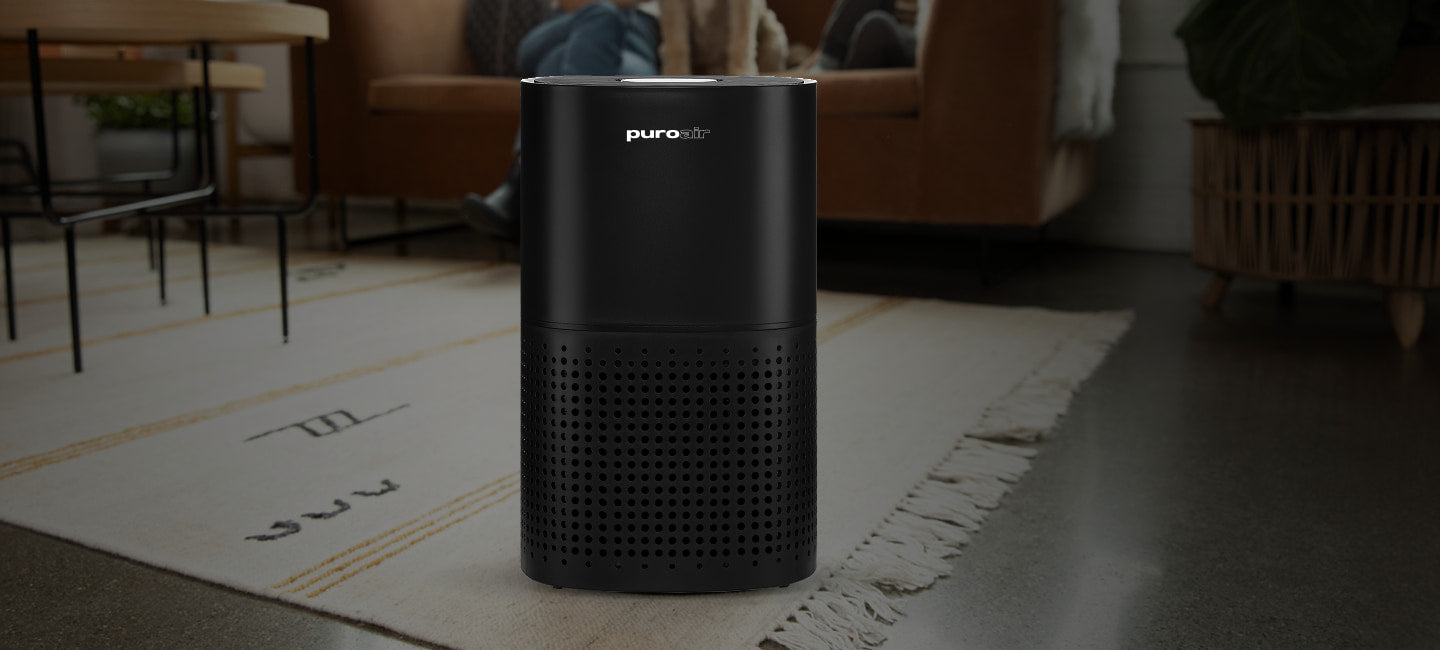 puroair 240 air purifier in front of couch with family and dog
