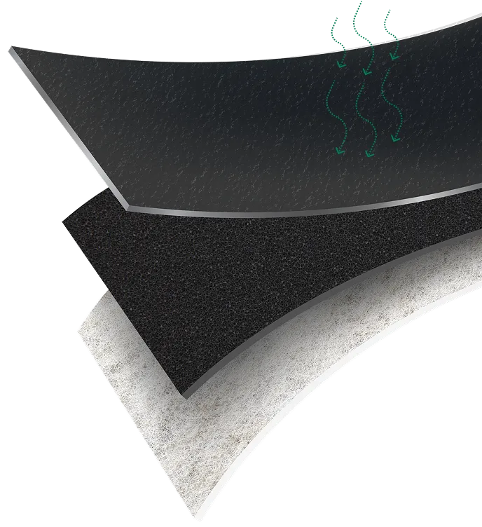 Close-up of PuroAir HVAC filter layers and air flow graphic