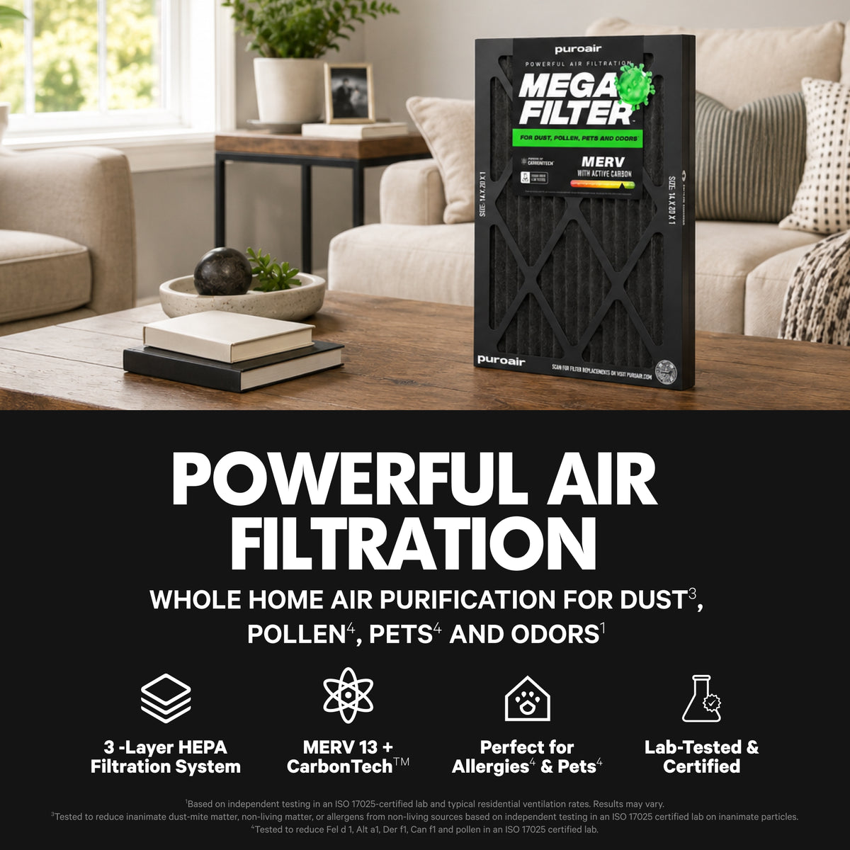 PuroAir HVAC Mega Filter MERV 13 Pleated Plus Activated Carbon Air Filter