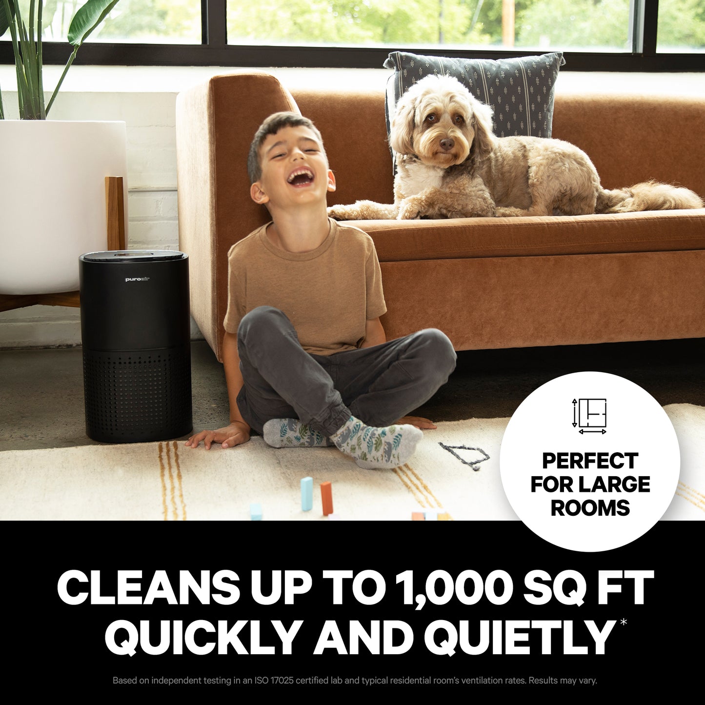 PuroAir 240 air purifier cleans air up to 1,000 sq ft infographic