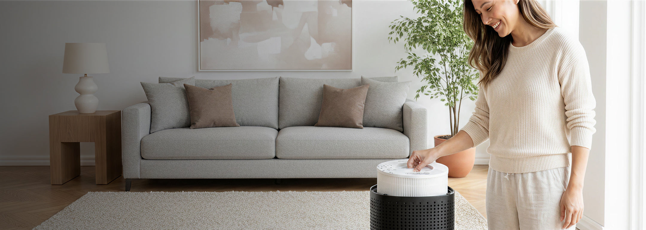 PuroAir purifier in a bright living room