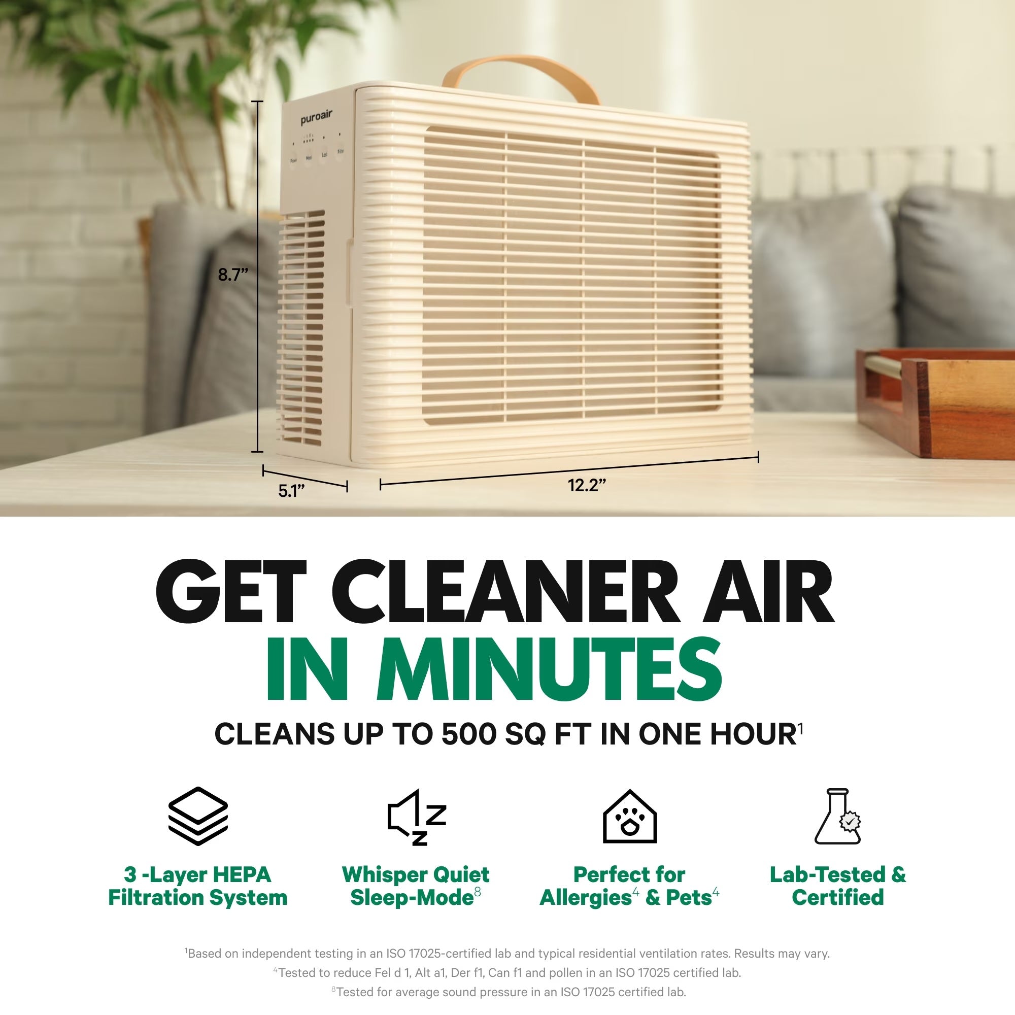 PuroAir Lite air purifier on table with dimensions and text