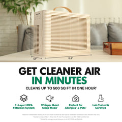 PuroAir Lite air purifier on table with dimensions and text