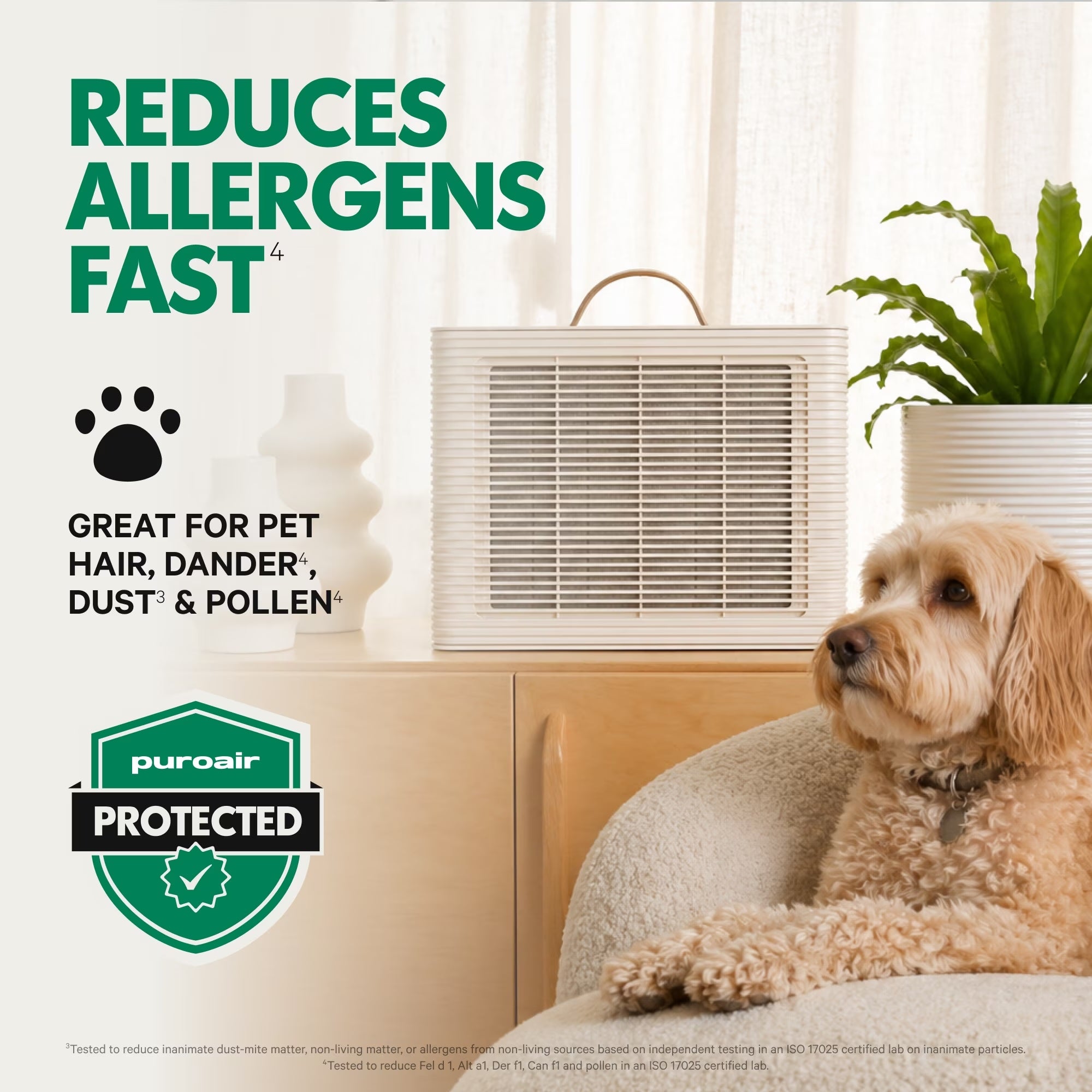 PuroAir Lite air purifier with dog sitting next to it