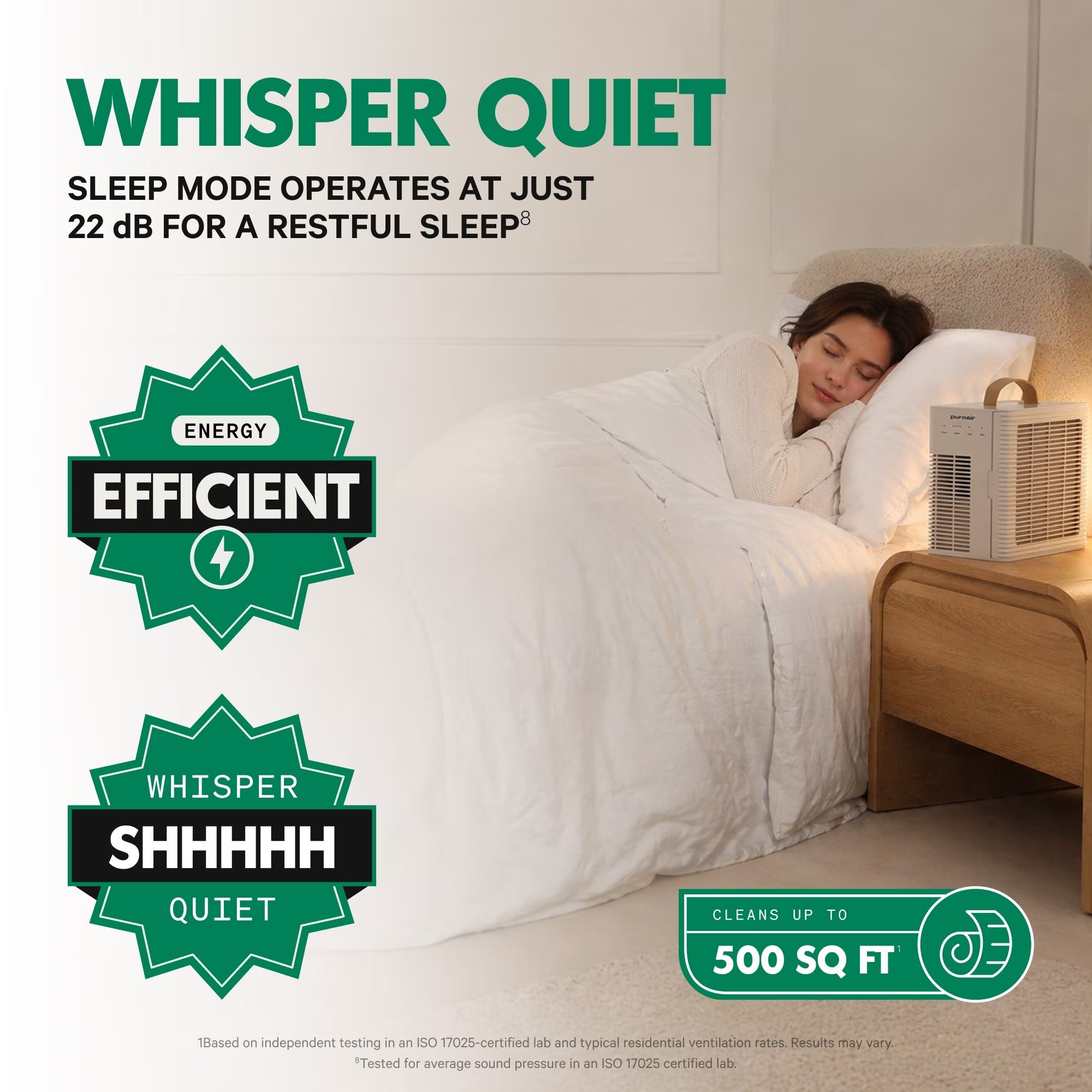 Person sleeping in bed with a Whisper Quiet PuroAir Lite air purifier on nightstand