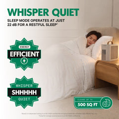 Person sleeping in bed with a Whisper Quiet PuroAir Lite air purifier on nightstand