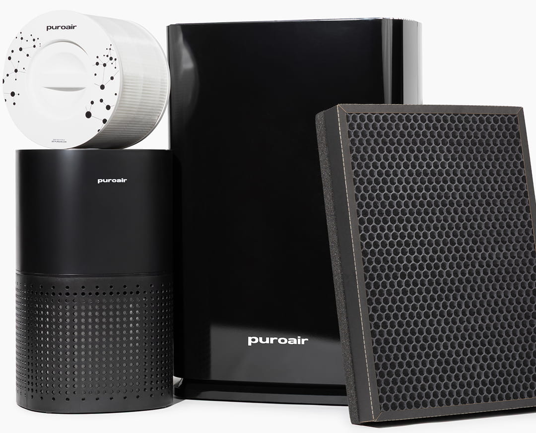 PuroAir 240 and 400 air purifiers with filters on white background