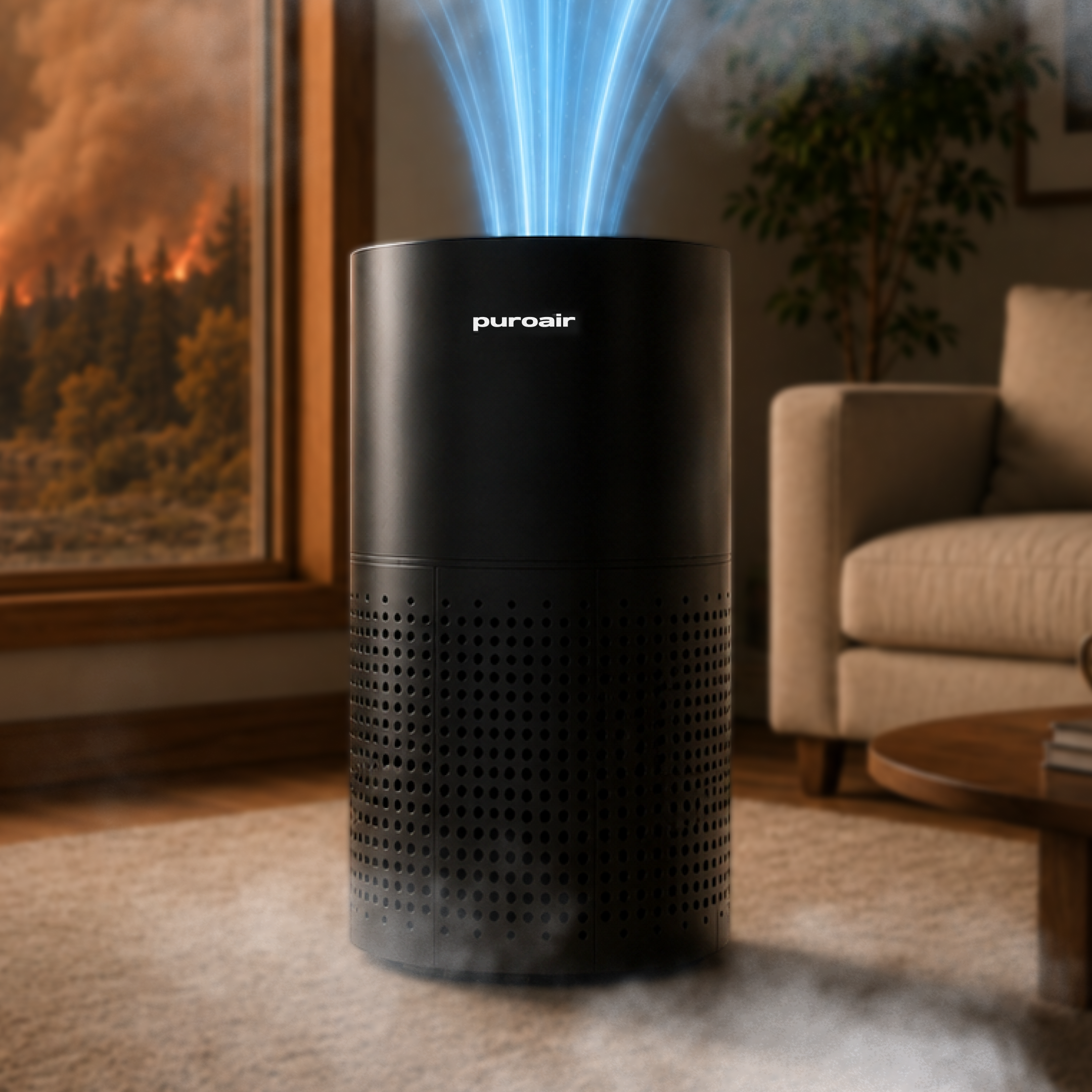 PuroAir 240 air purifier with airflow graphic and wildfire displayed in background